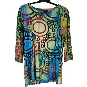 Artsy Multi‎ Circular Pattern Tunic Top S Stretch Rainbow Embellished Funky